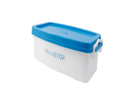 A blue and white MicroStop disinfection container with a lid, designed for laboratory use. MicroStop Disinfection Container 1l.