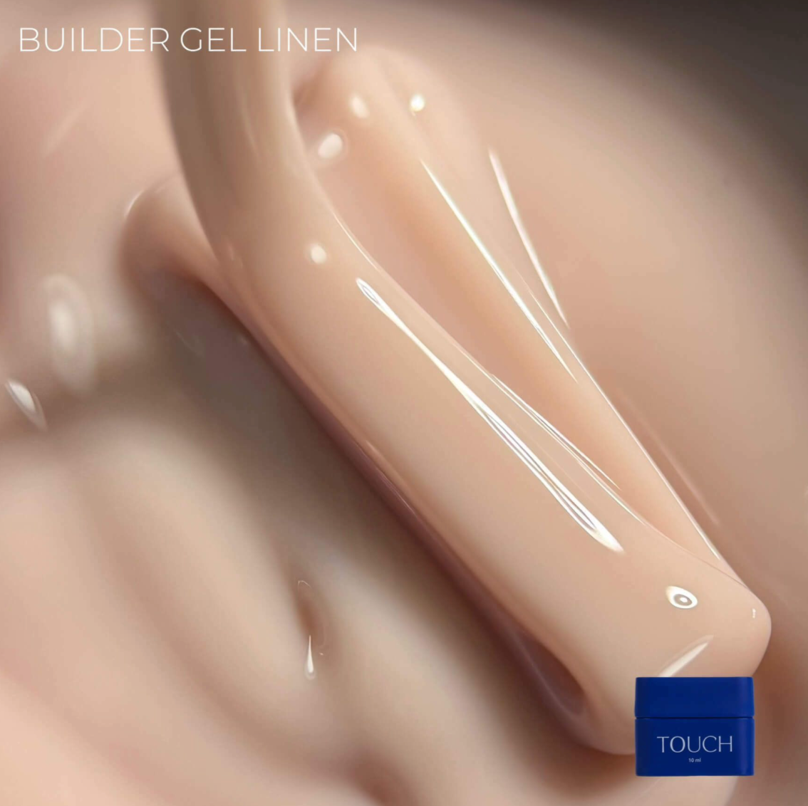 Close-up of a beige nail with Builder Gel Linen applied, featuring the Touch brand logo.