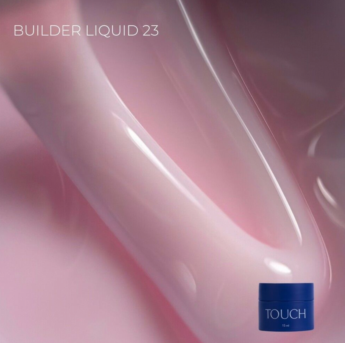 Bottle of Builder Liquid 23 with a blue cap on a pink background