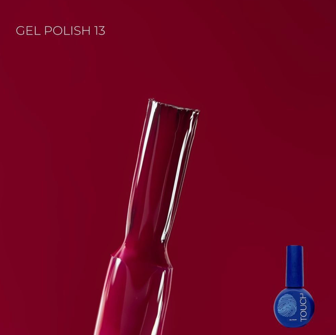 Gel polish swatch on a red background with 'Touch' brand logo.