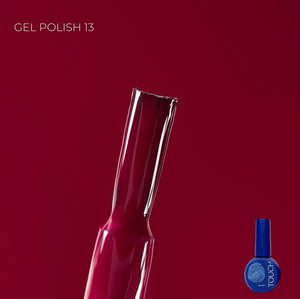 Gel polish swatch on a red background with 'Touch' brand logo.