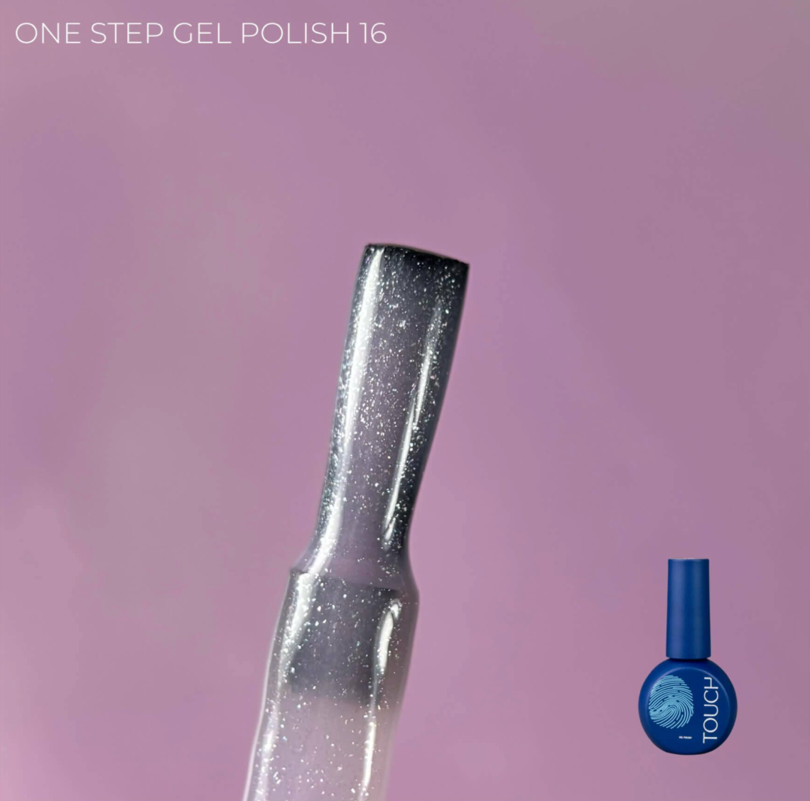 One-step gel polish with glittery finish and blue nail polish bottle on pink background