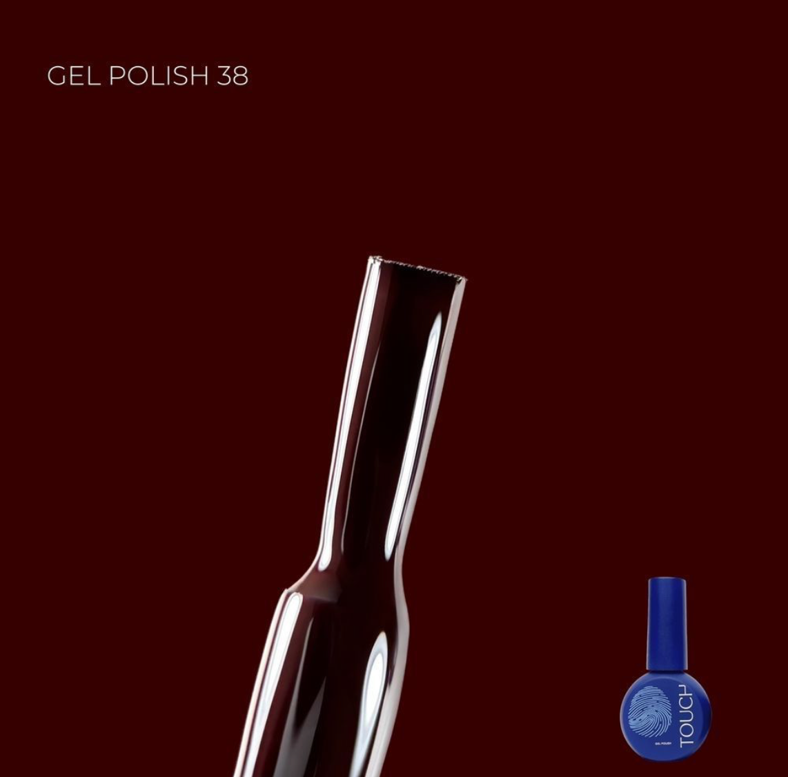 Gel polish bottle with a dark brown background and 'Touch' brand visible.