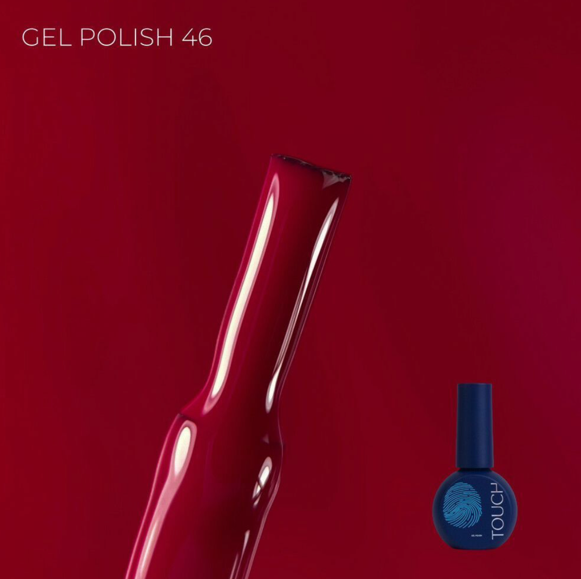 TOUCH Gel Polish 46 bottle on deep red background showing metallic finish and elegant design