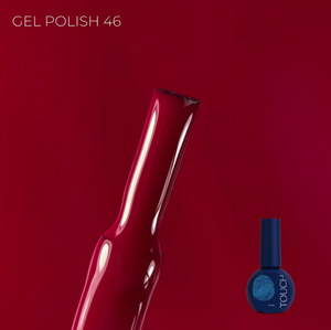 TOUCH Gel Polish 46 bottle on deep red background showing metallic finish and elegant design