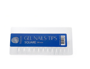 Pack of gel nails tips with a blue label on a white background