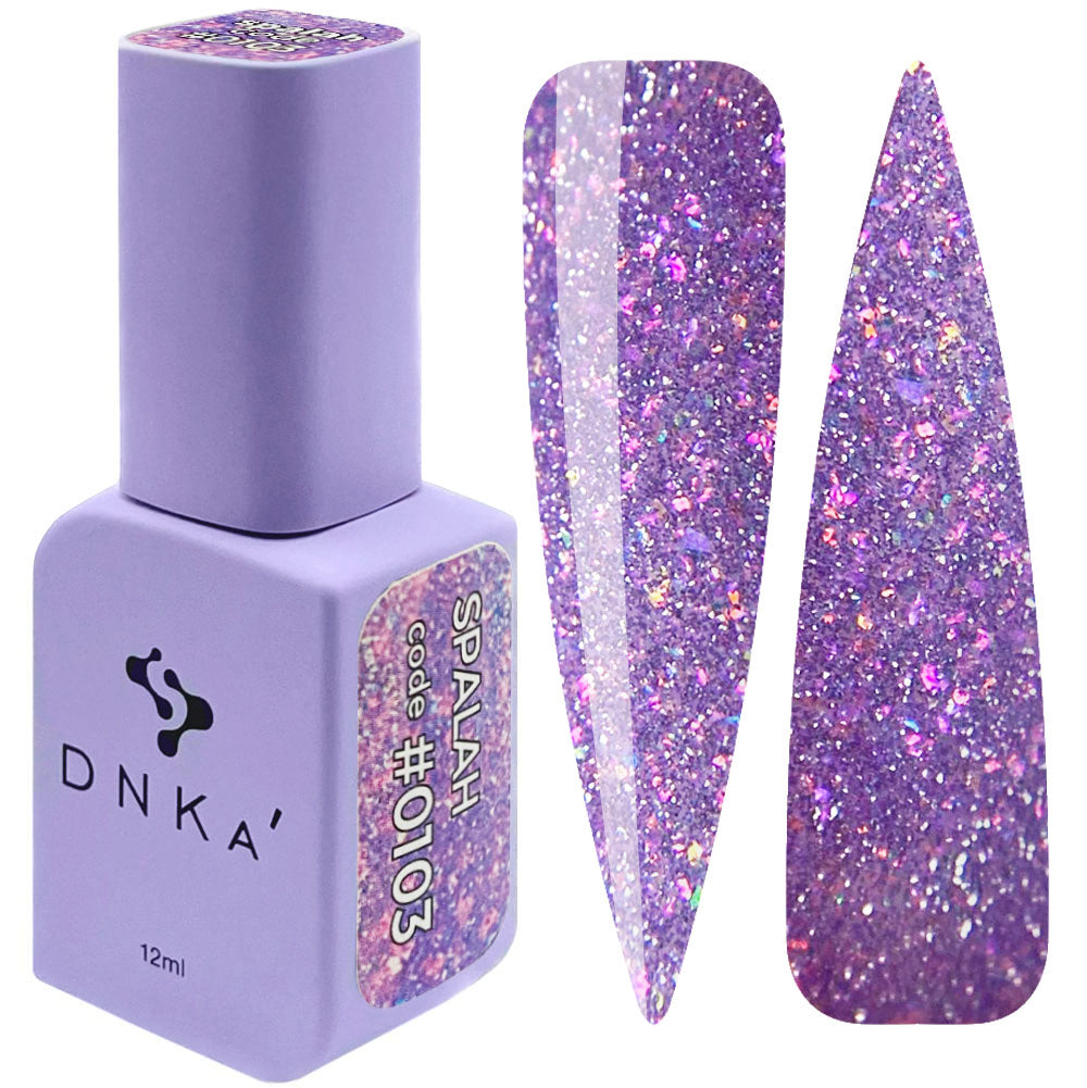 A bottle of DNKa' Gel Polish in color #0103 with a purple shade and glitter, alongside a set of two gel polish application brushes.
