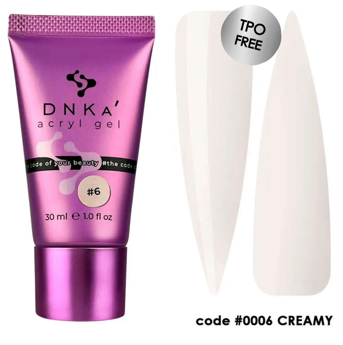 A tube of DNKa' Acryl Gel #0006 Creamy with a purple cap, alongside a pair of white nail extensions. The code #0006 Creamy is visible on the tube.