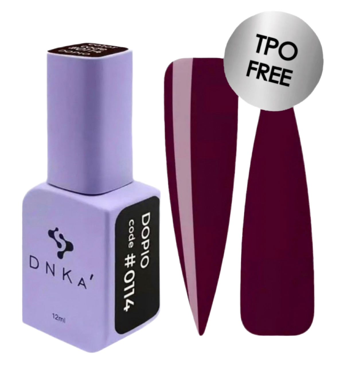 DNKA gel polish bottle #0114 with a maroon nail and 'TPO FREE' label on a white background