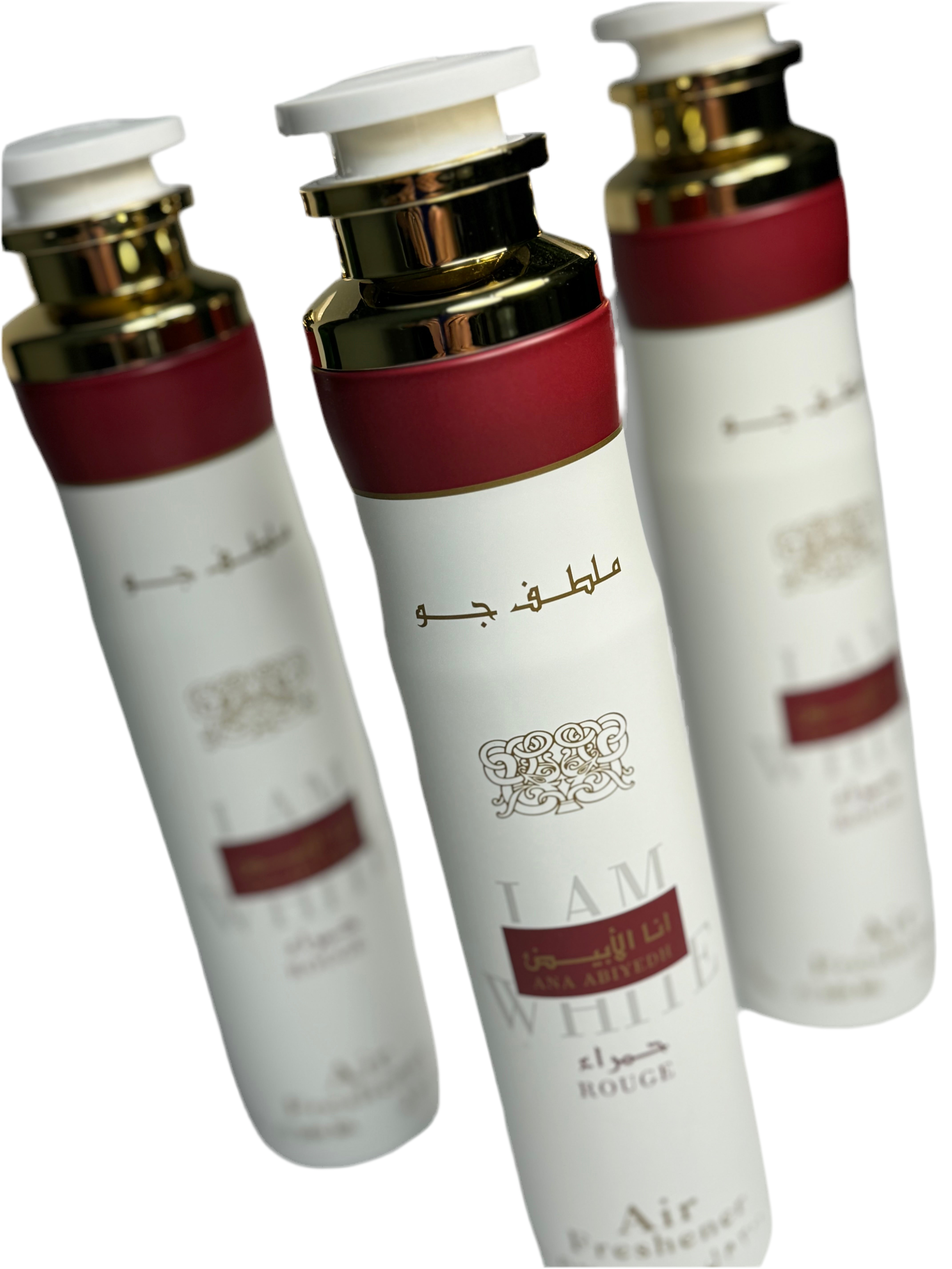 Three white bottles with gold and red accents on a white background
