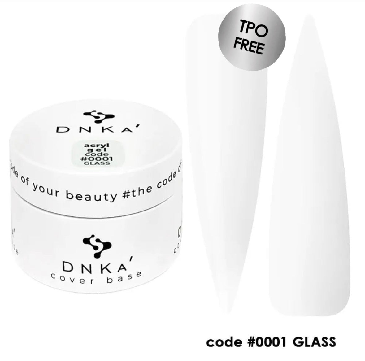 Dnka acryl gel color Glass 0001, powder container with a brush on a white background