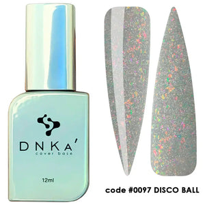 A bottle of DNKa' Cover Base with a Disco Ball effect, showing a metallic, reflective surface, and a set of fingernails with the same glittery, shimmering finish. 0097 color
