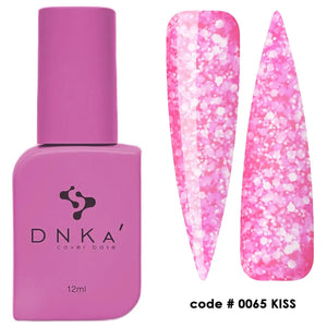 A bottle of DNKa' Cover Base #0065 Kiss  in a pink shade, alongside a sample nail color swatch.