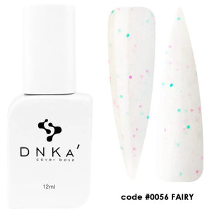 A bottle of DNKa' Cover Base nail polish in color Fairy with a code #0056 FAIRY, showing the product's packaging and the nail polish applied to a nail.