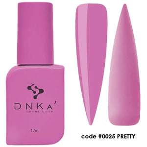 A pink bottle of DNKa' Cover Base #0025 Pretty in pink color with a capacity of 12 ml for nail polish, displayed with its cap on and a pointed tip for application.