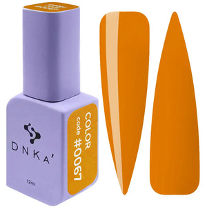 A bottle of DNKa' Gel Polish in color #0067, alongside a swatch showing the shade and texture of the orange gel polish.