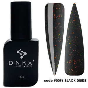A bottle of DNKa' Cover Base in color Black Dress, with a volume of 12 ml, designed for nail nourishment and protection.