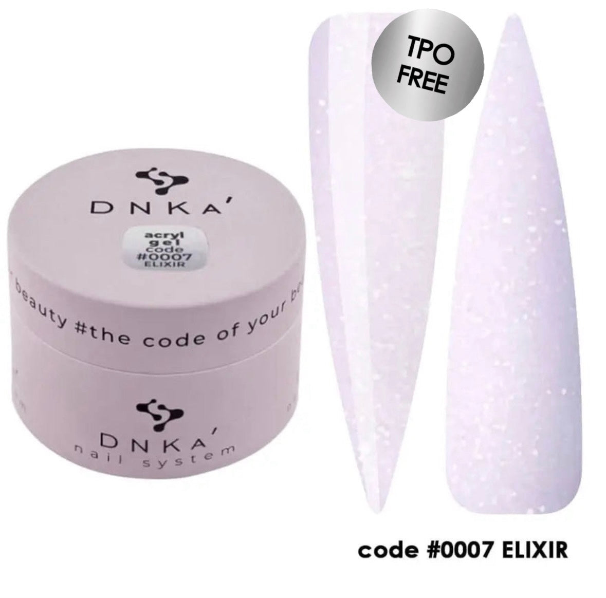 The image shows a bottle of DNKa' acryl Gel in shade #0007 Elixir, which is a light pink colored nail polish. Next to the bottle, there are two artificial nails displayed, indicating the product's use for nail enhancement.