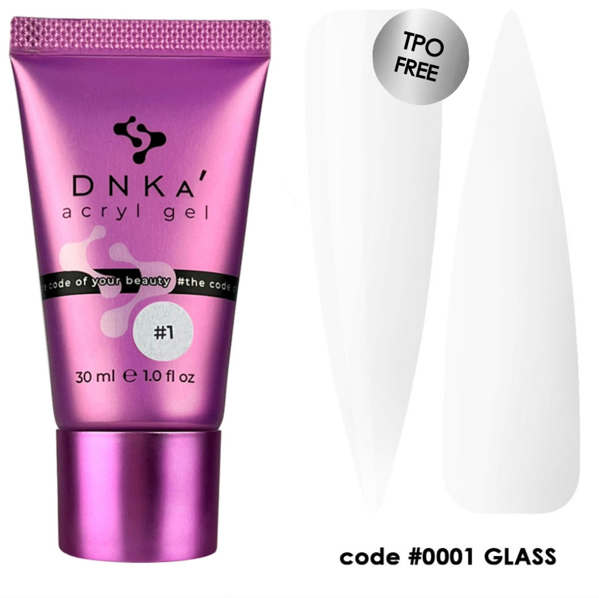 A tube of DNKa' Acryl Gel in clear color labeled #0001 Glass, showing the product's consistency and texture.