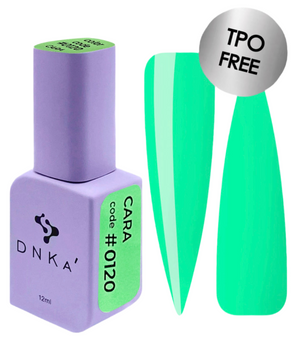 DNKA nail polish bottle with a green color #0120 Cara swatch and 'TPO FREE' label on a white background