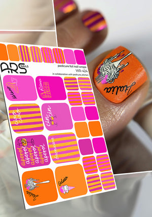 Sheet of colorful nail art stickers with a close-up of applied stickers on nails.