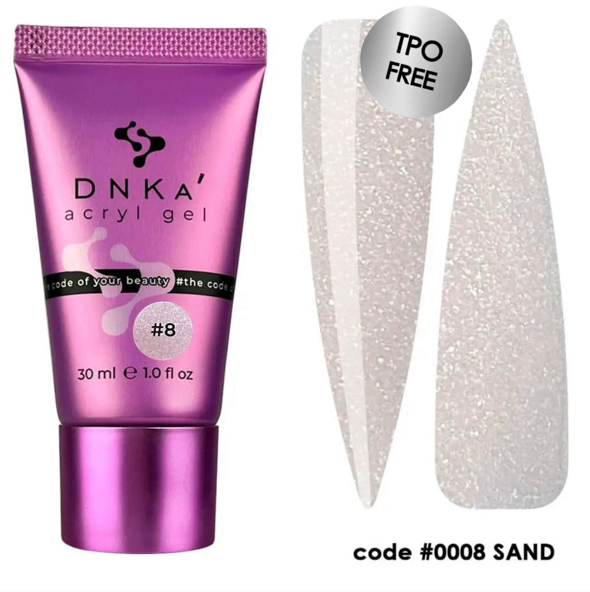 DNKA acrylic gel tube with glittery nail tips on a white background, color #0008 Sand (tube)