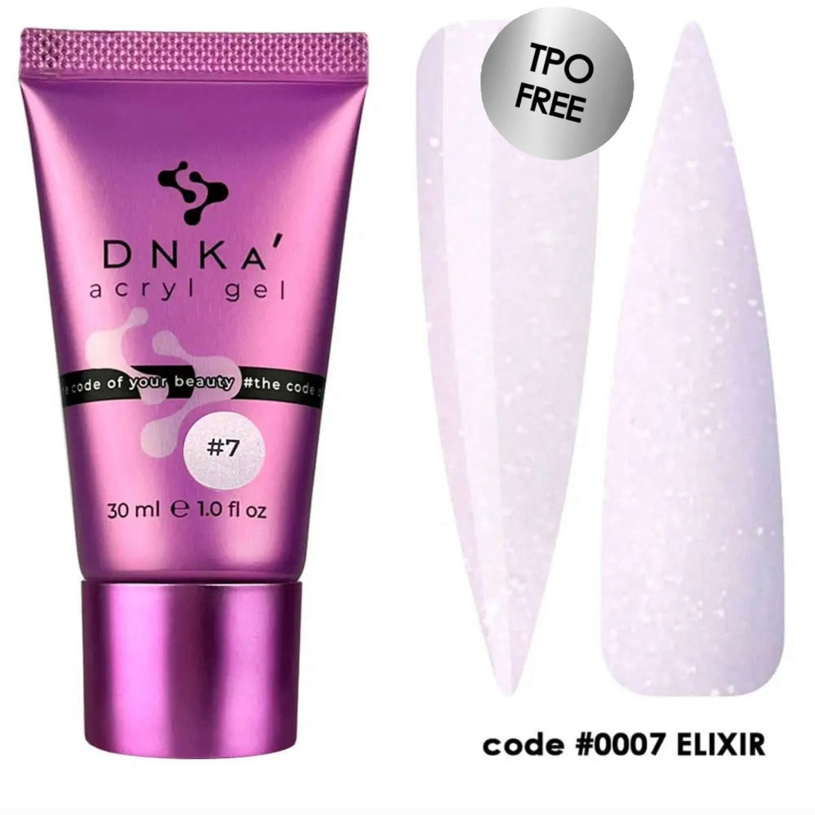 A tube of DNKa' Acryl Gel with the color #0007 Elixir, showing a pink to purple gradient, next to a sample nail color swatch demonstrating the glittery finish.