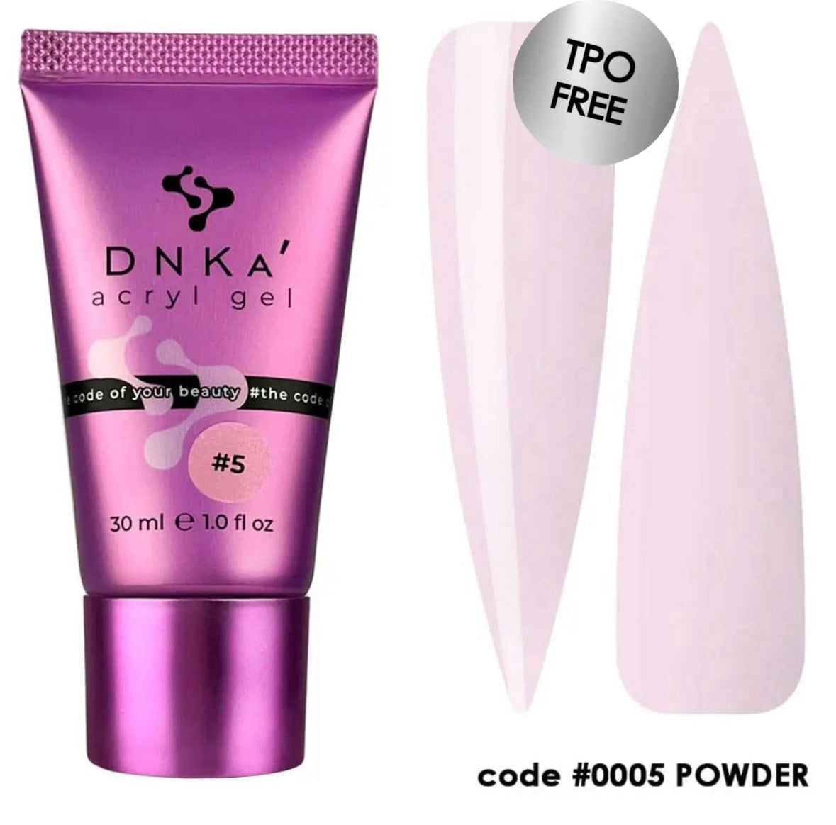 DNKA acryl gel tube with pink nail tips on a white background