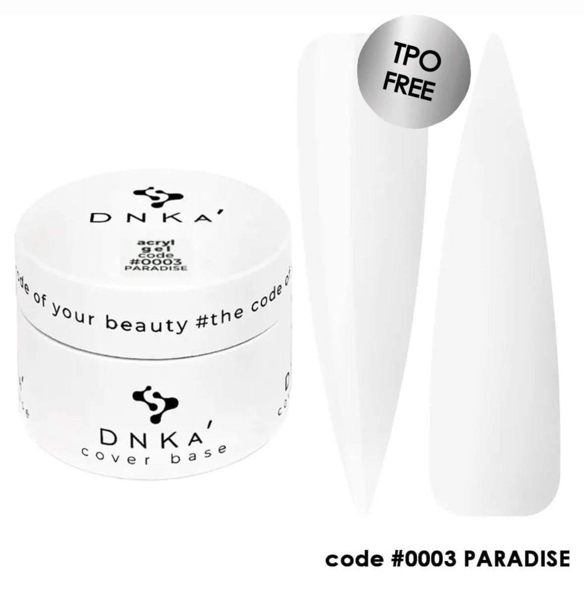 A photo of DNKa' Acryl Gel in shade #0003 Paradise, which is white, alongside its packaging container.