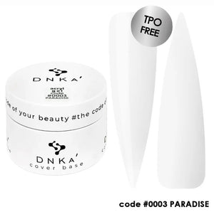 A photo of DNKa' Acryl Gel in shade #0003 Paradise, which is white, alongside its packaging container.