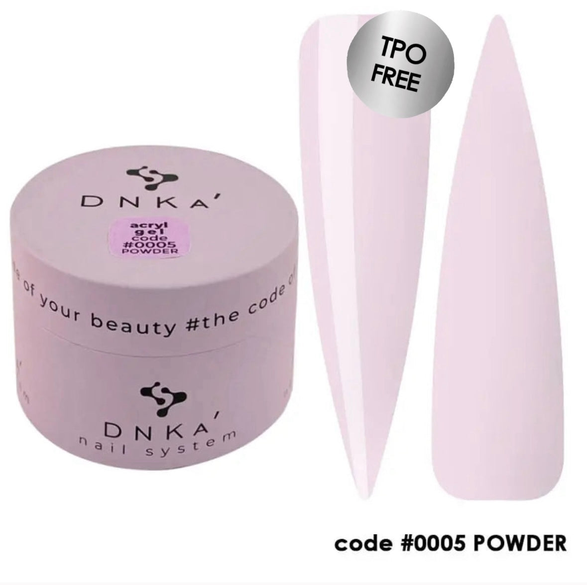 DNKA acryl gel in lcolor powder 0005 with two nail samples on a white background