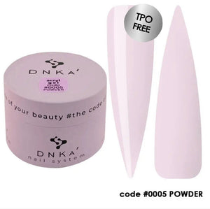 DNKA acryl gel in lcolor powder 0005 with two nail samples on a white background