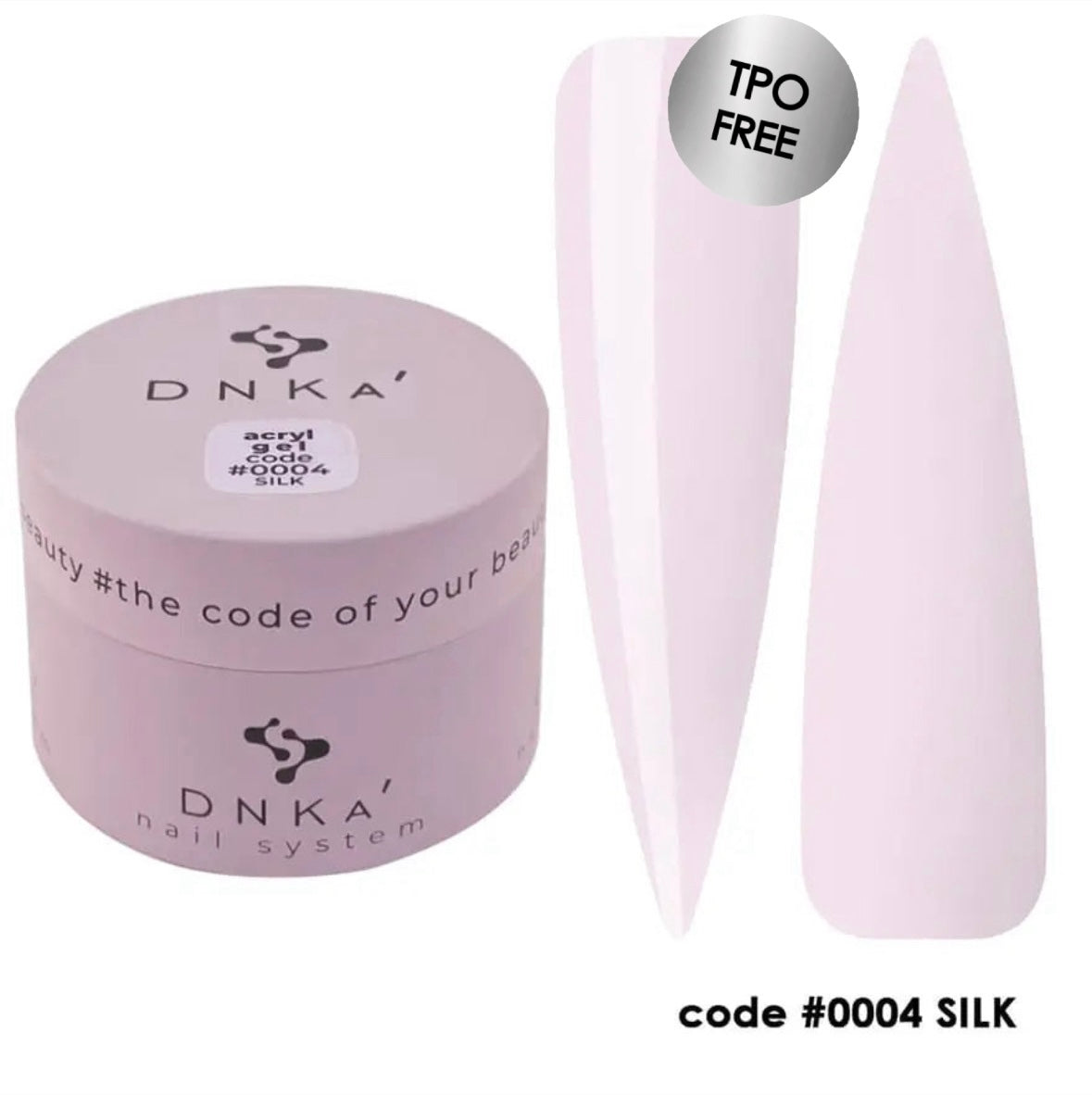 A pink-colored container labeled DNKa' acryl gel System with the code #0004 Silk next to a sample nail color swatch.