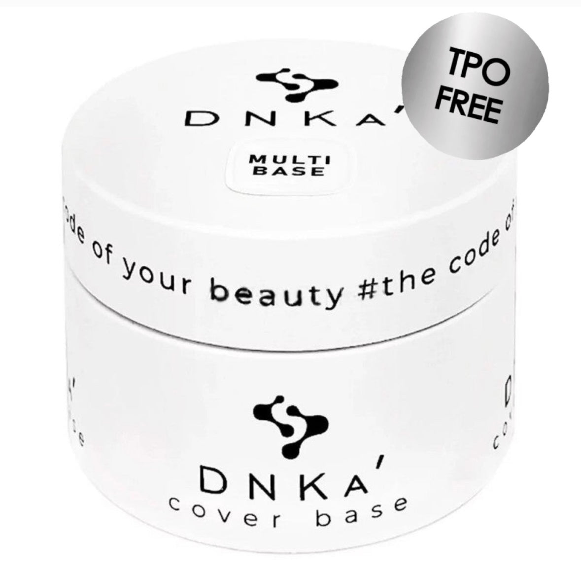 A container of DNKa' Multi Base, which  cover base, with a white exterior and a label that includes the brand logo and hashtag '#thecode'.
