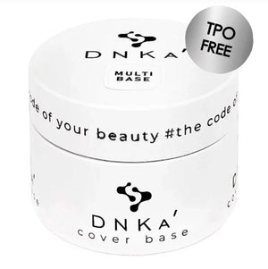 A container of DNKa' Multi Base, which  cover base, with a white exterior and a label that includes the brand logo and hashtag '#thecode'.
