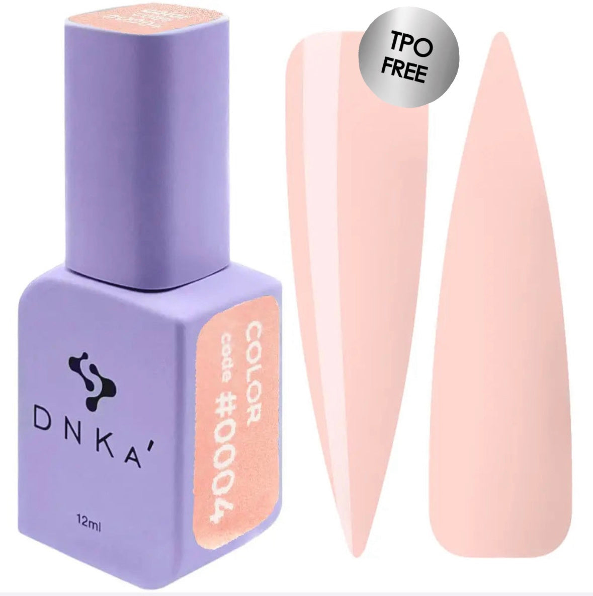 A bottle of DNKa' Gel Polish in nude color #0004 alongside a visual representation of the nail polish application on a nail shape.