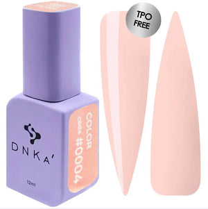A bottle of DNKa' Gel Polish in nude color #0004 alongside a visual representation of the nail polish application on a nail shape.