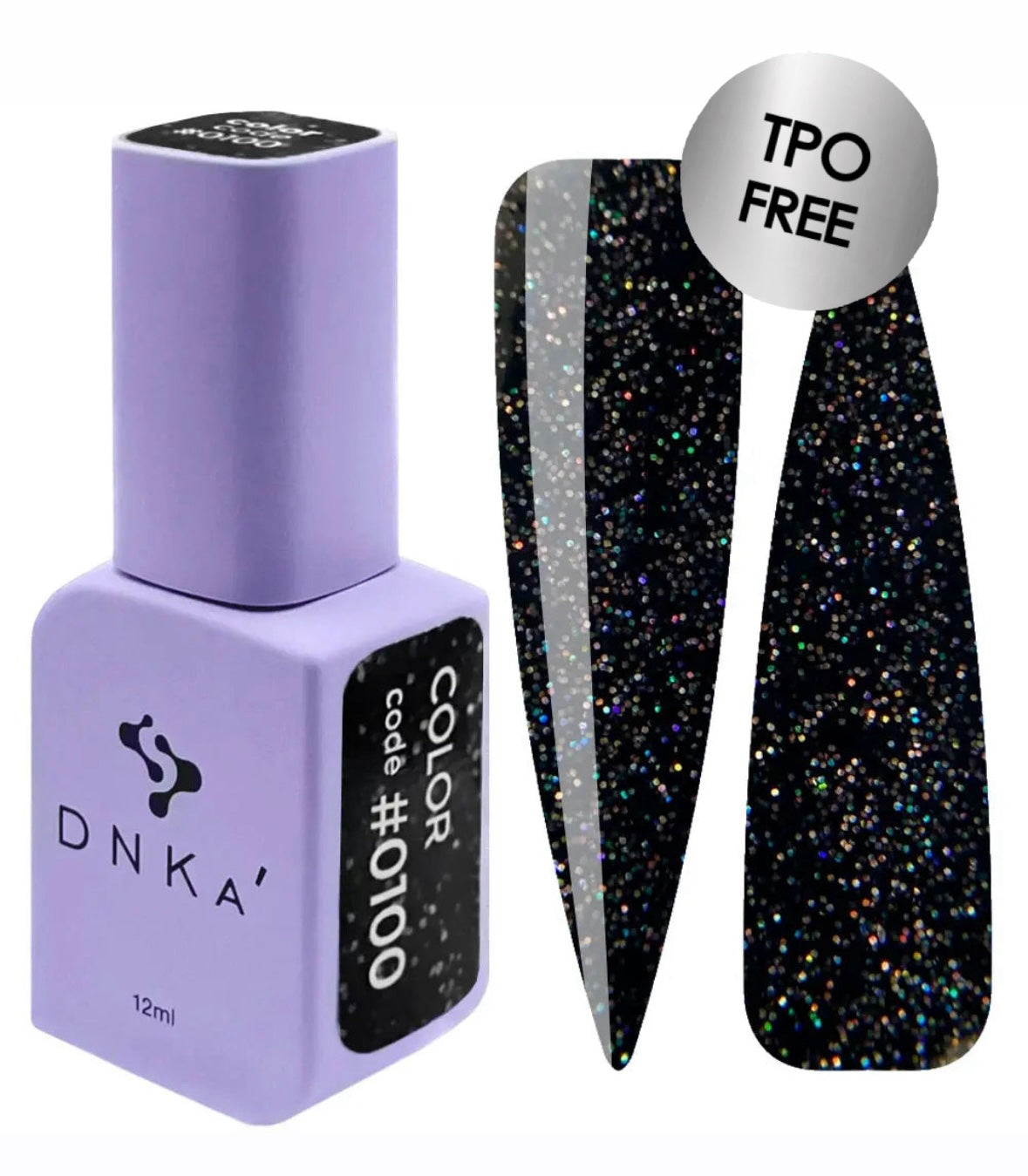 DNKA gel polish bottle with a black glittery nail sample and 'TPO FREE' label.