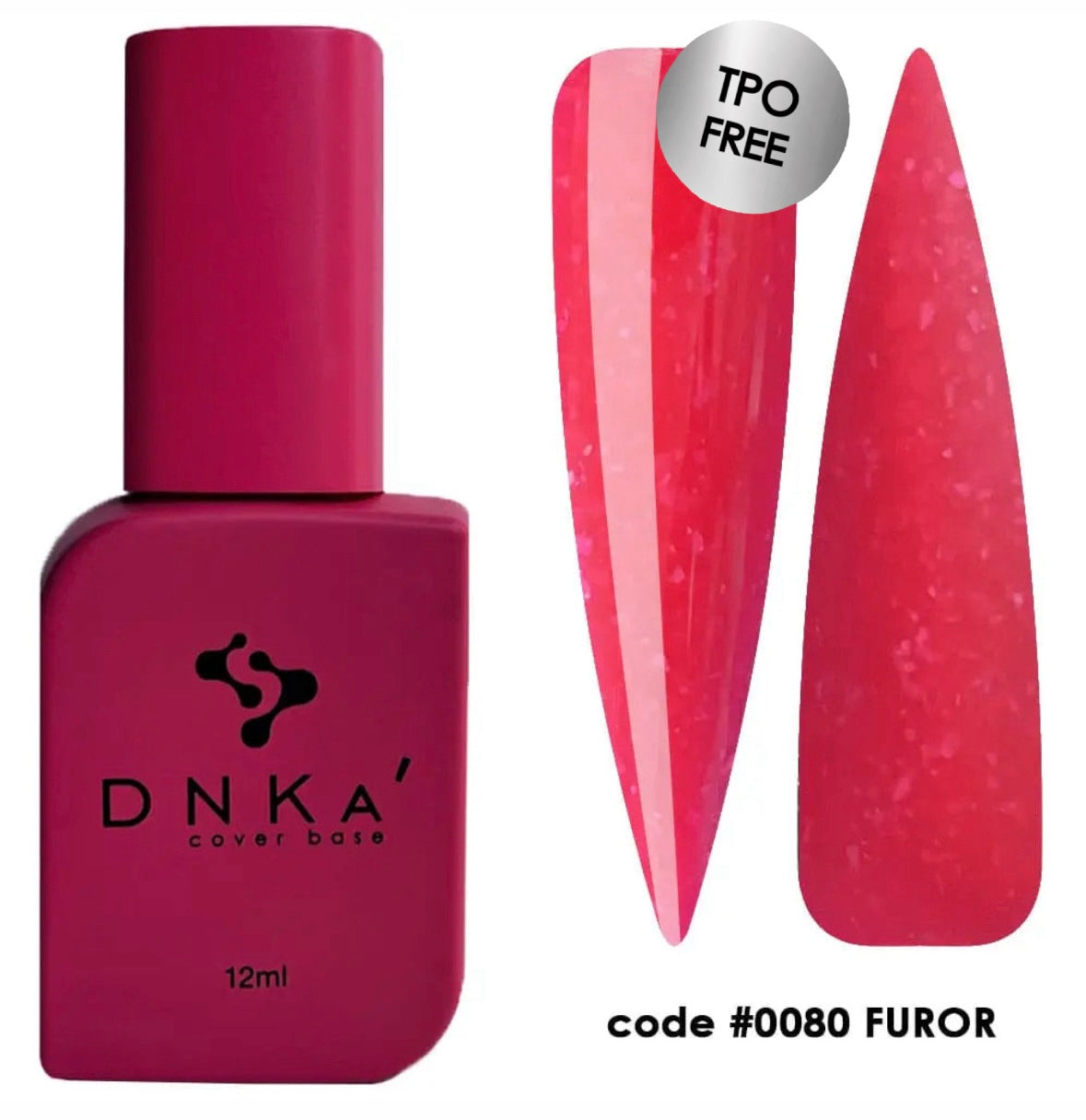 A bottle of DNKa' Cover Base with a glittery in bright red color, multicolored nail polish-like finish, labeled as #0080 Furor, with a capacity indicator of 12 ml.