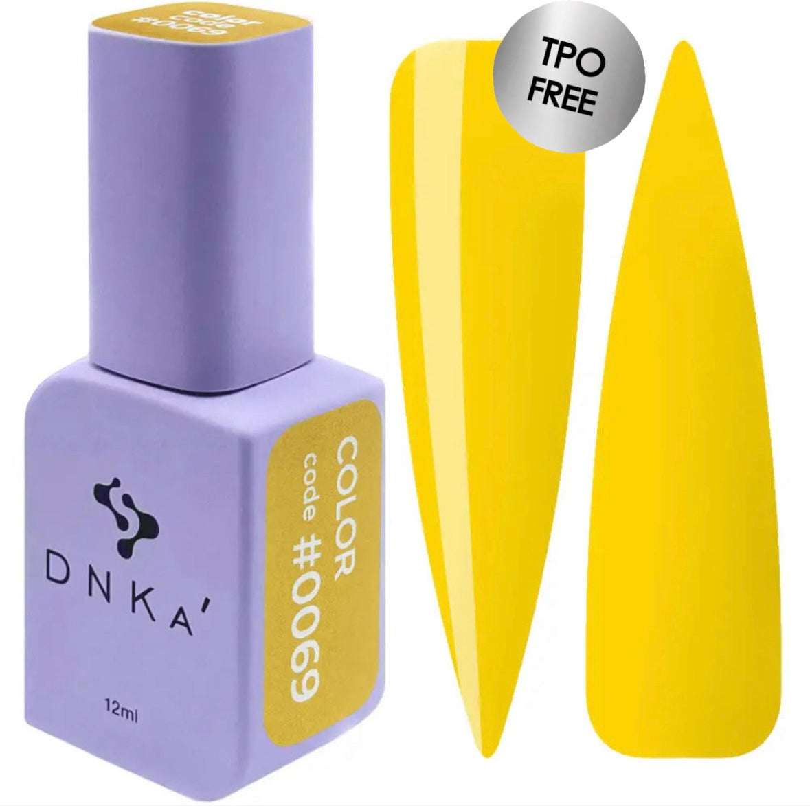 A bright yellow gel polish bottle with a purple cap, labeled DNKa', alongside a visual representation of the polish applied to a nail shape. A bottle of DNKa' Gel Polish in color #0069