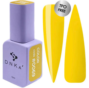 A bright yellow gel polish bottle with a purple cap, labeled DNKa', alongside a visual representation of the polish applied to a nail shape. A bottle of DNKa' Gel Polish in color #0069