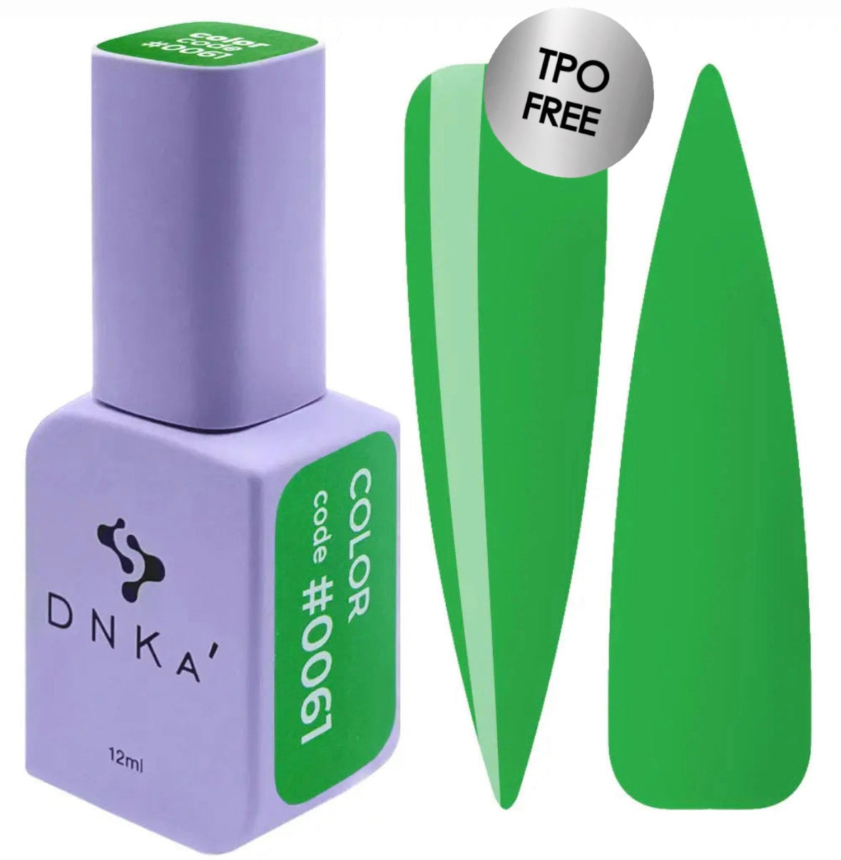 A purple-colored DNKa' Gel Polish bottle with a green nail polish color swatch beside it, indicating the color of the polish.
 A bottle of DNKa' Gel Polish in color #0061