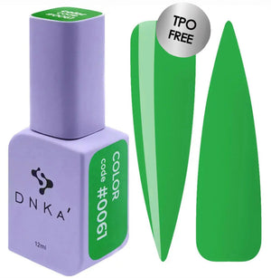 A purple-colored DNKa' Gel Polish bottle with a green nail polish color swatch beside it, indicating the color of the polish.
 A bottle of DNKa' Gel Polish in color #0061