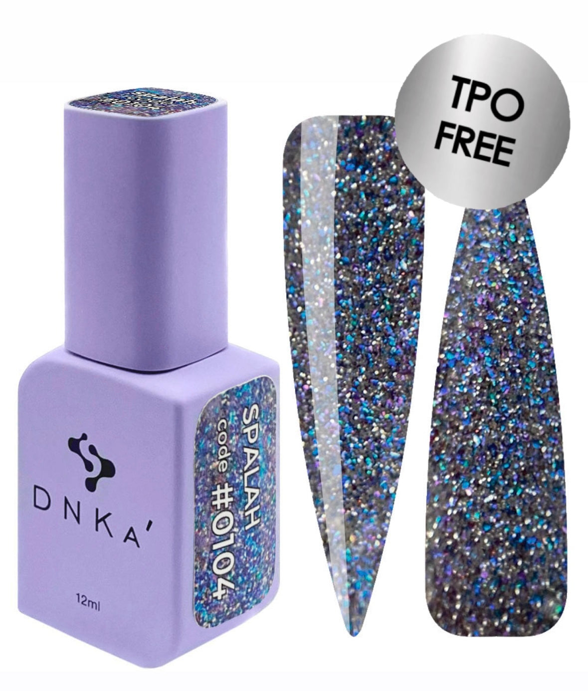 DNKA gel  nail polish bottle 0104 with glittery nail sample and 'TPO Free' label on a white background