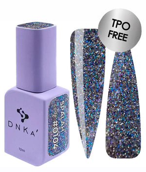 DNKA gel  nail polish bottle 0104 with glittery nail sample and 'TPO Free' label on a white background