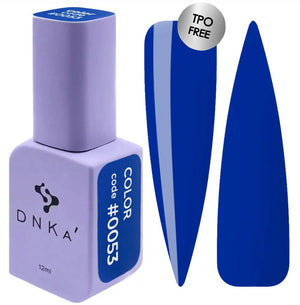 A purple-colored DNKa' Gel Polish bottle with the code #0053 and 12 ml volume indicated, alongside two blue-colored gel polish swatches.