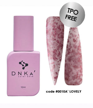 DNKA nail polish bottle and pink marbled nail tips on a white background. DNKa cover base 0010A Lovely