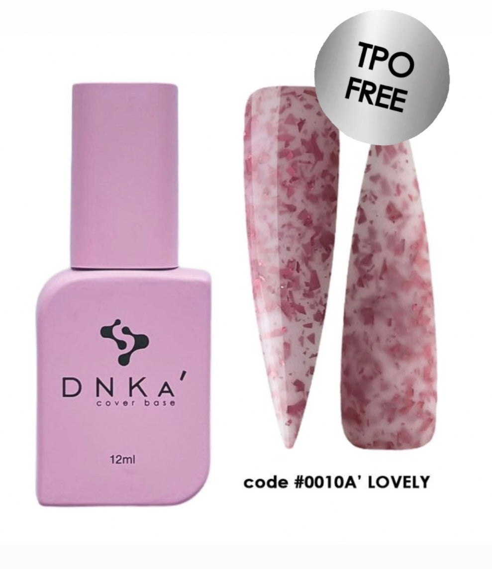 DNKA nail polish bottle and pink marbled nail tips on a white background. DNKa cover base 0010A Lovely