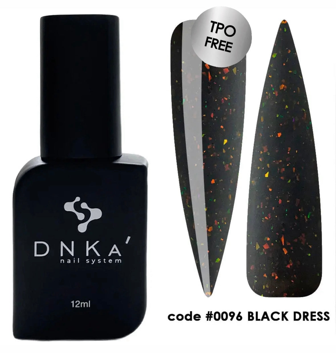 A bottle of DNKa' Cover Base in color Black Dress, with a volume of 12 ml, designed for nail nourishment and protection.