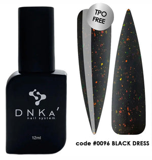 A bottle of DNKa' Cover Base in color Black Dress, with a volume of 12 ml, designed for nail nourishment and protection.